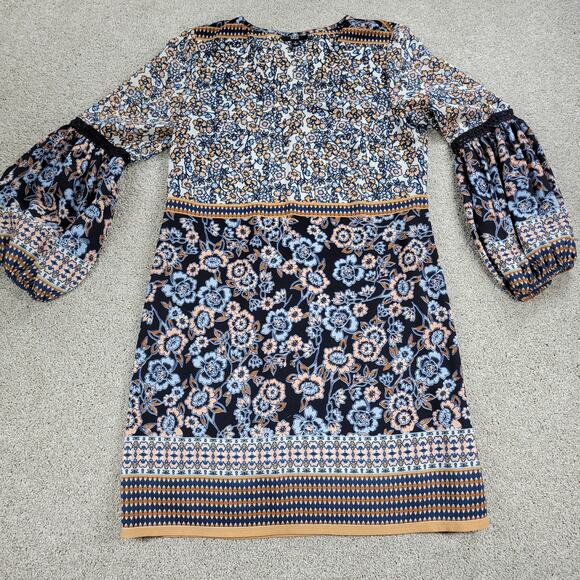 MSK Womens Dress Medium Blue Floral V-neck Baloon Sleeve Lace Trim Shift Midi - Picture 1 of 16